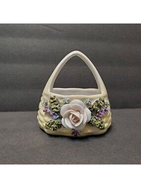 Vintage German Elfinware Porcelain Basket Mossware Miniature Floral Trinket Dish